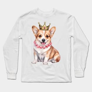 Watercolor Pembroke Welsh Corgi Dog Wearing a Crown Long Sleeve T-Shirt